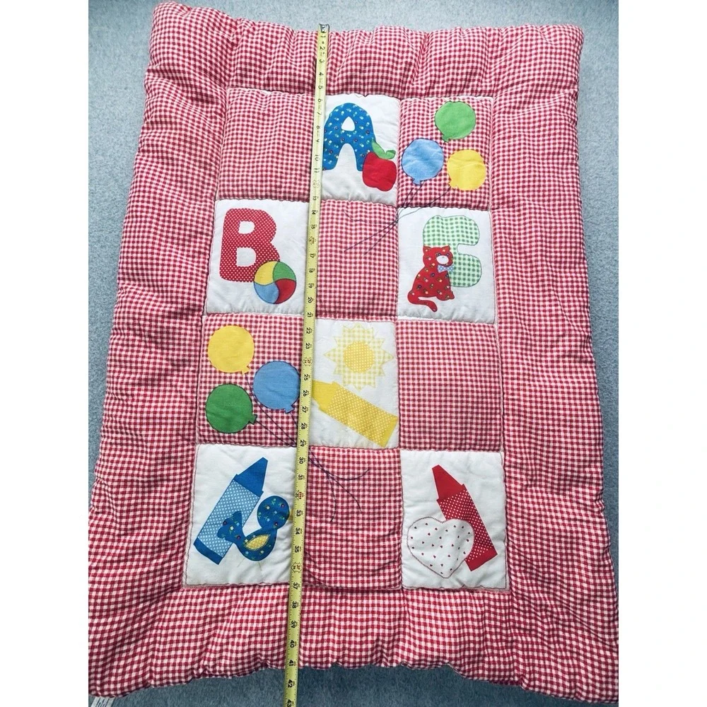 Vtg 1970s Springs Mills Baby Quilt Blanket Gingham Red ABC Crayons Union Tag